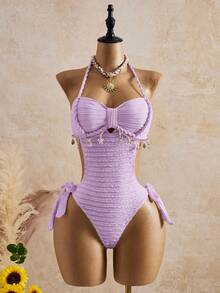 Bellisia 26SS Spring/Summer Vacation Apricot Vintage Square Neck Slimming Braided Rope Starfish Shell Halter One-Piece Top & Skirt Swimsuit 2pcs Set - Purple - View 5