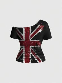 ROMWE Flag Sexy Hot Girl Dark Asymmetric Shoulder Music Festival Women's T-Shirt - Black - View 2