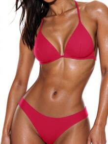 Swim Basics 女款夏季海灘純色掛脖綁帶性感時尚比基尼兩件式泳衣套裝，含鋼圈胸墊 - 玫紅色 - 查看 1