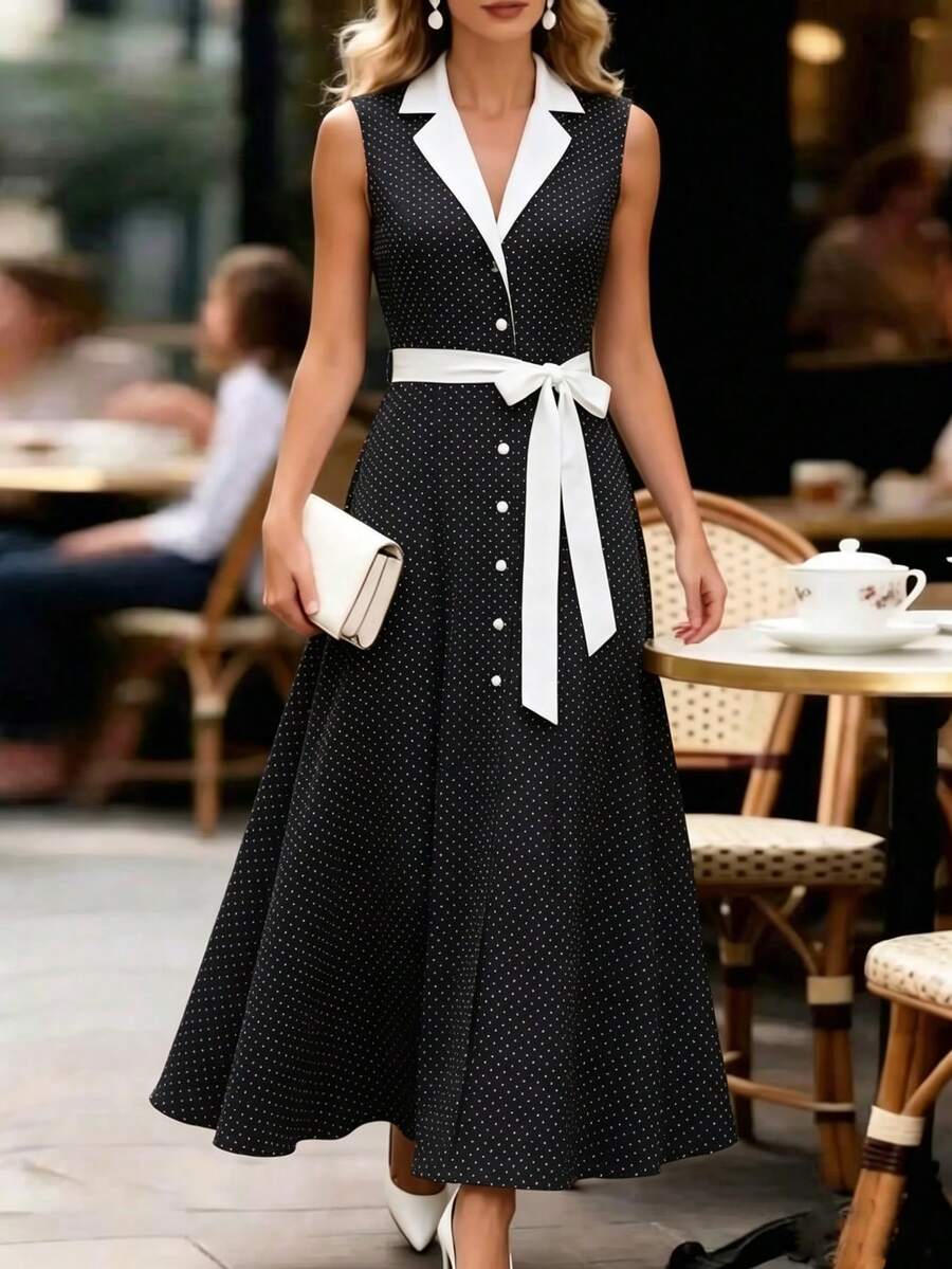 SHEIN Đầm sơ mi không tay chấm bi thắt eo, thanh lịch, thời trang dành cho nữ, mặc hàng ngày. - Đen và trắng - Xem 1