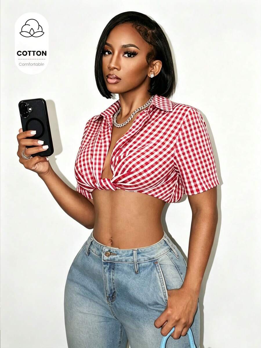 Mistrie Summer Cotton-Feel Red And White Plaid Short Shirt, Women's Deep V Twist-Front Short-Sleeved Shirt Y2K Sexy Street Vacation - Multicolor - View 1