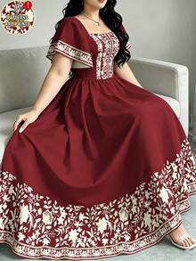 Modelyn Đầm họa tiết hoa cây thời trang cổ vuông tay cánh dơi lớn tay ngắn, váy midi thắt eo mùa hè, đầm dài đen họa tiết hoa - Nhiều màu - Xem 1