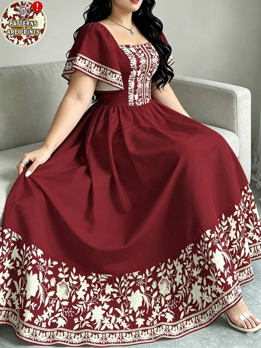 Modelyn Đầm họa tiết hoa cây thời trang cổ vuông tay cánh dơi lớn tay ngắn, váy midi thắt eo mùa hè, đầm dài đen họa tiết hoa - Nhiều màu - Xem 1