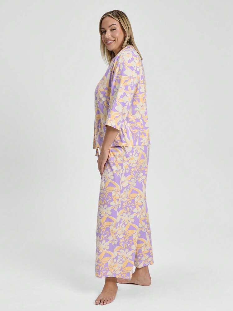 Plus Size Purple & Yellow Floral Pajama Set