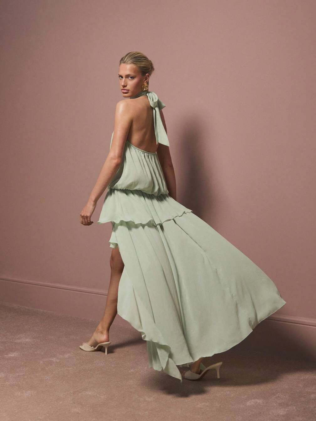 green halter neck dress wedding guest KIZN Sage Green Lace Halter Neck Cowl Front Backless Tie Detail Floor  Length Bodycon Maxi Dress Summer Wedding Guest Evening PartyMISSGUIDED