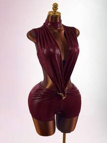 Amplova Women's Tight Burgundy Jumpsuit Backless Deep V-Neck Waist Cutout Snake Skin Pattern Stretchy Summer Club Night Out Night Rave Avant-Garde Sexy - Burgundy - View 6