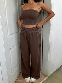 SHEIN EZwear Women's Solid Color Cropped Minimalist Bandeau Top And Casual Long Pants Set Everyday Dark Brown Summer - Chocolate Brown - View 8