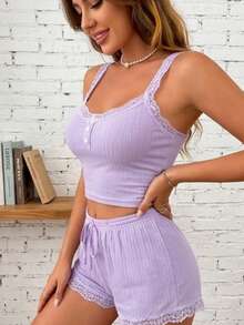 Cake Color Lounge Set With Delicate Lace And Fluted Canvas For Sleeping - Lila - View 2