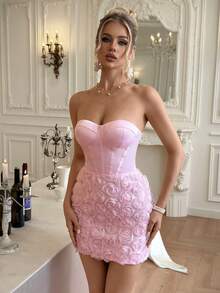 Poshira Robe de cocktail sans bretelles élégante pour femmes avec décoration florale 3D et taille marquée - Rose bonbon - Voir 4