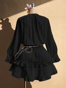 SHEIN ICON Vestido de Talla Grande con Cuello en V, Cintura con Cordones, Falda en A con Volantes, Vestido Bohemio, Vacaciones, Adecuado para Primavera - Negro - Ver 2