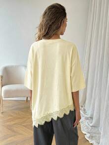 SHEIN LUNE Women's Casual Solid Color Asymmetrical Hem Lace Patchwork T-Shirt, Basic Everyday Wear For Spring & Summer - Apricot - View 2