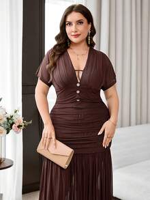 Reflora Vestido de fiesta elegante de talla grande con unicolor y fruncido - Marrón - Ver 2