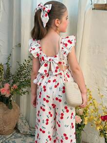 SHEIN LMoss Kids 兒童 LMoss 女孩可愛櫻桃印花短袖上衣 & 短褲套裝，適合幼兒在春季、夏季、秋季穿著，上衣背面有蝴蝶結設計，年輕女孩休閒度假風格，女孩紅色 2 件套裝，女孩優雅長褲套裝，女孩可愛櫻桃印花長褲 - 白色 - 查看 2