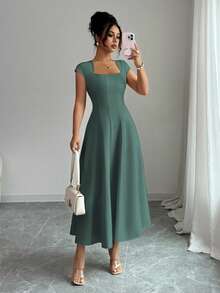 Elenzga Women's Spring/Summer French Elegant Commuter Beach Casual Vacation Style Music Festival Beer Festival Solid Color Square Neck Waist-Defining Structured Patchwork Voluminous A-Line Short Sleeve Midi Dress - Dark Green - View 4