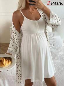 Slowluna Maternity Floral Contrast Lace Trim Robe And Nursing Dress 2 Pieces Set Fall - White - View 3