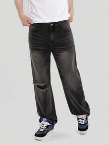 FORM&CHAOS Men's Vintage Streetwear Distressed Pocket Button Loose Fit Denim Jeans Holiday Black Summer - Black - View 4
