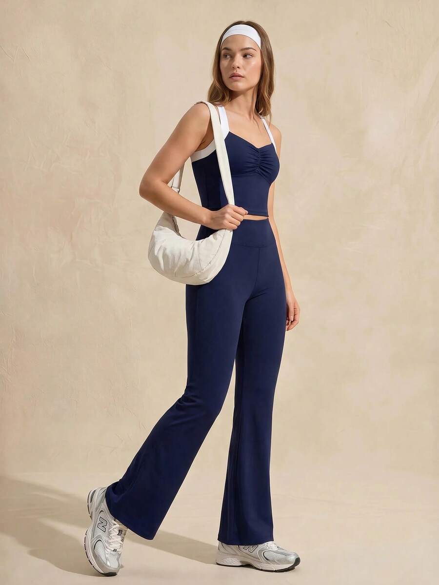 WanderVale Women's Colorblock Tank Top And Flared Long Pants 2 Pieces Set - Navy Blue - View 1
