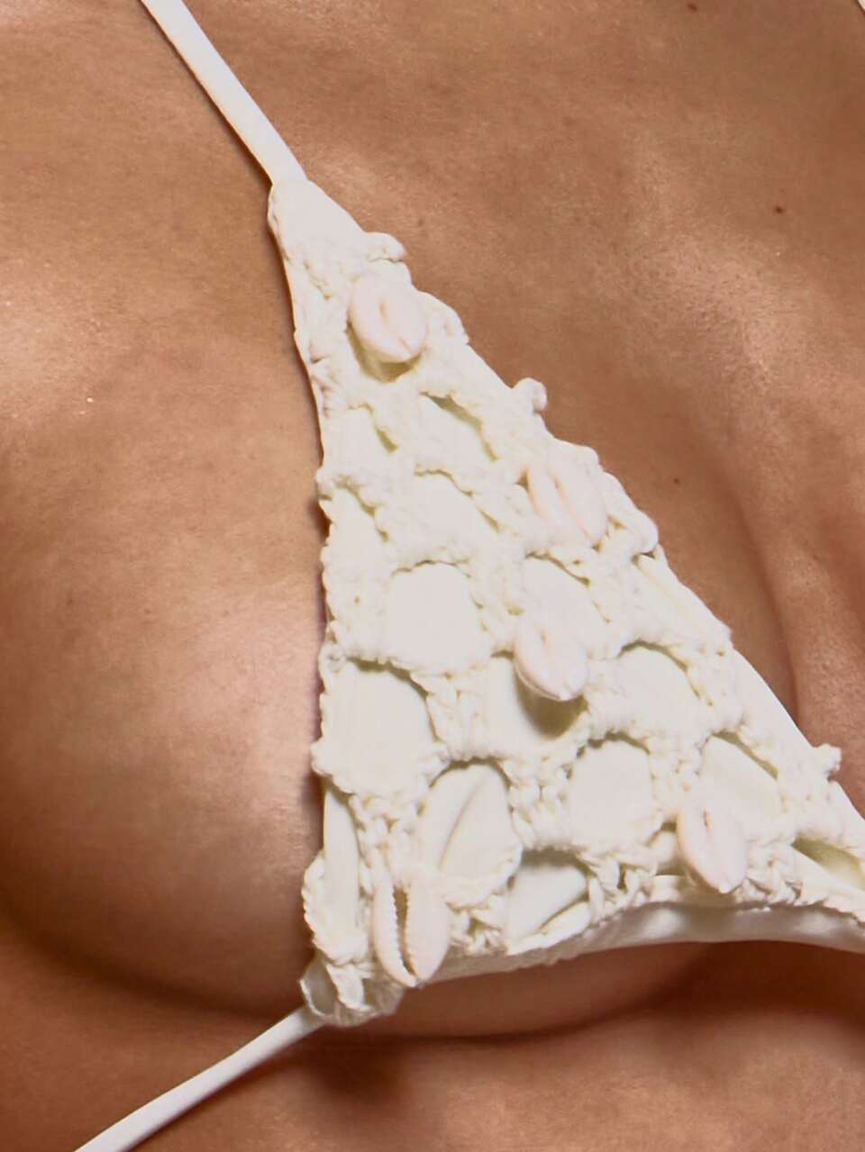 Top de Maiô Bikini Triangular em Crochê com Detalhe de Concha Sobreposta, Apenas Top, Primavera Verão, Ibiza, Férias, Sexy, Feminino, Feminino, Clube de Praia, Fofo, Romântico, Festival, Boho, Lavado com Sal