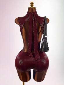Amplova Women's Tight Burgundy Jumpsuit Backless Deep V-Neck Waist Cutout Snake Skin Pattern Stretchy Summer Club Night Out Night Rave Avant-Garde Sexy - Burgundy - View 10