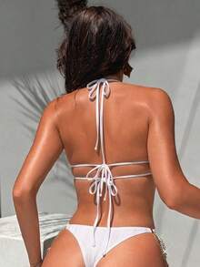 Zestiva Swim SXY 女款新款海灘度假春夏季純色性感細肩帶V領鏤空金屬環露背細肩帶高衩金屬鏈條式一件式泳衣 - 白色 - 查看 3