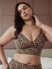 Slumbrini Conjunto de ropa interior estampada para uso diario y casual de tallas grandes - Marrón - Ver 5