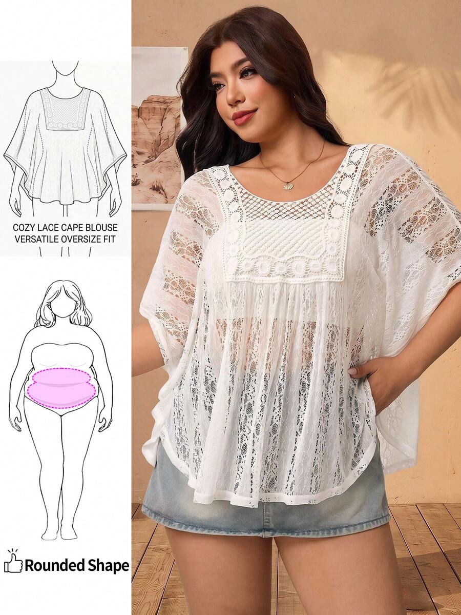 Enliva Plus Size Lace Sheer Vintage Bohemian Sun Protection Overlay Top, For Apple And Rounded Body Shape - White - View 1