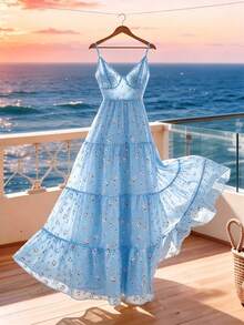 SHEIN Franclia Summer Pastoral Ditsy Floral Spaghetti Strap Dress With Back Bow Tie Multi-Layer Patchwork Elegant Women's Dress Yellow Dress Wedding Guest Dress Graduation Dress Beach Vacation Outfit Holiday Dress - Blue - View 8