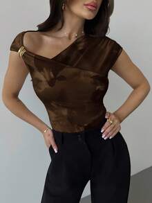 Firerie Women's Modest T-Shirts, Spring/Summer New Minimalist Elegant Daily Commute Date Night Asymmetric Shoulder Cross Wrap Metal Accessory Decor Slim Fit - Brown - View 8