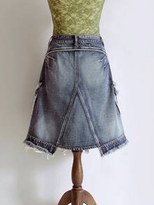 ROMWE Avant Women's Retro Vintage Y2K Aesthetic A-Line Denim Skirt With Cargo Pockets - Blue - View 2