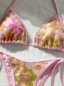 Swim Vcay Swim Bonvoyette 2件組 春夏度假花卉亮片紋理面料掛脖三角比基尼上衣與側綁比基尼褲女款性感泳衣套裝 - 彩色 - 查看 5