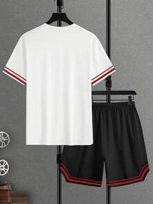 Manfinity CasualCool 男士運動休閒圓領短袖字母貼布設計條紋印花T恤與抽繩短褲套裝 - 彩色 - 查看 2