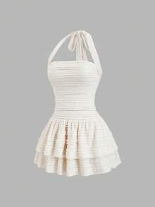 Sweetra New Casual Solid Color Textured Tie-Up Camisole High Waist Flared Skirt, Suitable For Spring/Summer Everyday Wear - Apricot - View 3