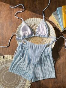 Swim Vcay 3 PiecesBohemian Style Crochet Fabric Drawstring Swimwear Cover-Up Bikini Set - Baby Blue - View 3