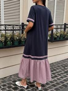 DAZY Contrast Color Patchwork Small Round Neck Casual Loose Short Sleeve Long Maternity Dress For Girls Spring Summer - Purple - View 2