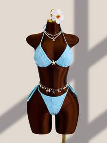Zestiva 2pcs/Set Spring/Summer Halter Neck Solid Color Sequin Sexy Hot Bikini Swimsuit - Blue - View 3