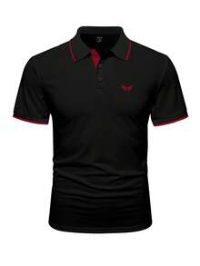 Manfinity Homme 男士對比色縫線飾邊短袖 Polo 衫，正式款 - 黑色 - 查看 5