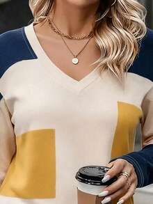 EMERY ROSE Kaos Wanita Kerah V, Atasan Lengan Panjang Kerah V, Desain Pola Kontras Blok Warna Beige, Elegan Kasual Sehari-hari Musim Gugur Serbaguna Nyaman untuk Dipakai - MultiWarna - View 4