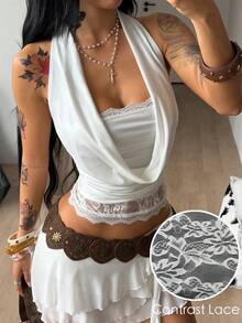 Coolane 女士夏季性感Y2K派对休闲音乐会服装假日弹力撞色蕾丝白色抹胸高领无袖抹胸上衣 - 白色 - 查看 1