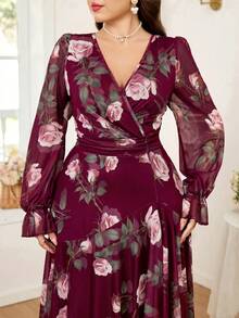 Reflora Plus Size Elegant Floral All-Over Print Dress - Burgundy - View 3
