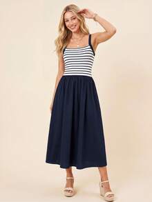 Coeurva Damen Mode Elegant Lässig Urlaub Romantisch Stretch Strick Gestreift A-Linie Weiß & Blau Kleid, Damen Country Musik Festival Outfit, Damen Sommerurlaub Date Pendeln Outfit, Damen Blaues Kleid - Blau - Übersicht 6