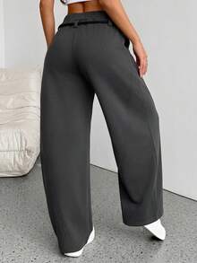 SHEIN PETITE 女款秋冬街頭風返校學院風休閒保暖舒適法式灰色彈性長褲，適合嬌小女性 - 深灰色 - 查看 2