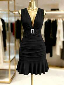 Elenzga Early Spring/Early Summer New Sexy Elegant Fashion Design Deep V-Neck Pleated Double Layer Rhinestone Square Buckle Fitted Slimming Bodycon Ruffle Hem Short Dress With Cap Sleeves For Women - Black - View 7