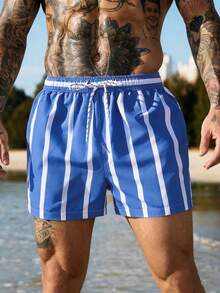 Manfinity KASUA Men's Drawstring Waist Striped Casual Vacation Beach Shorts, Holiday - Blue - View 4