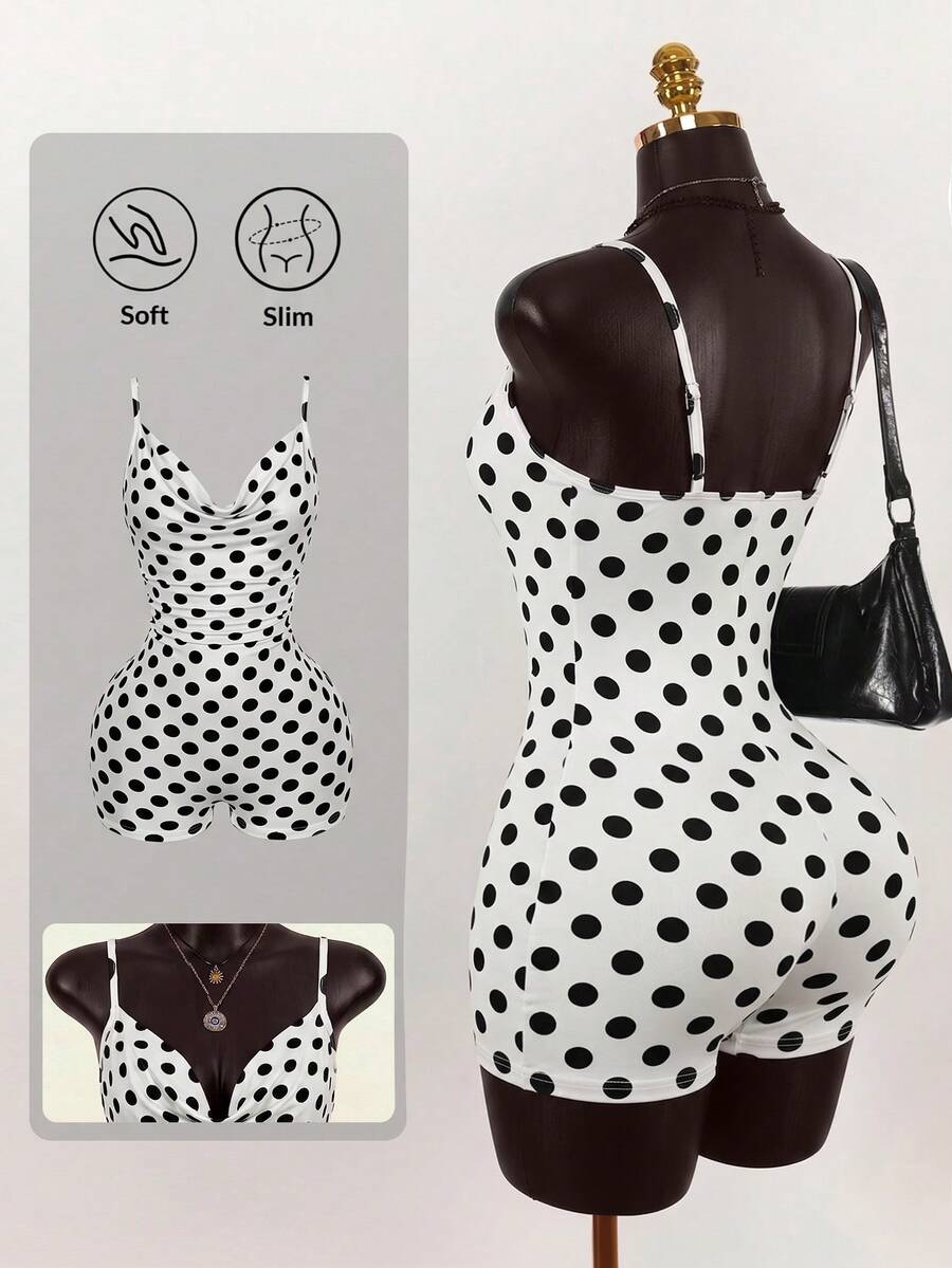 SaltGleam SaltGleam Spring Summer White With Black Polka Dots Spaghetti Strap Fitted Jumpsuit Cowl Neck Sleeveless Slimming American Vintage Bandage Hot Girl Style - Black and White - View 1