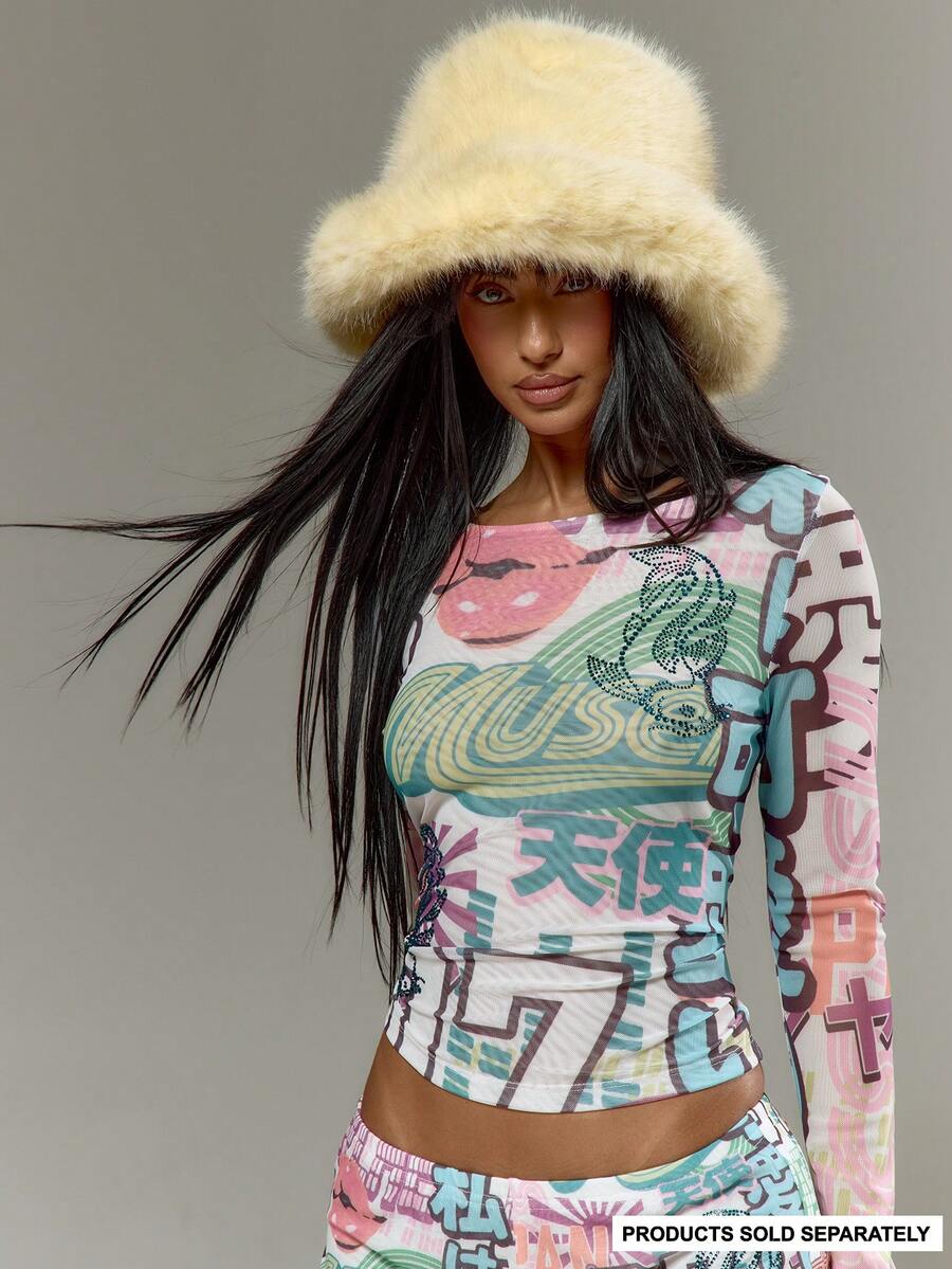 MUSERA Graphic Printed Mesh Long Sleeve Top Tshirt Hotfix Embellised Top Only Spring Summer Holiday Vacation Ibiza Festival Y2K Psyche - White - View 1