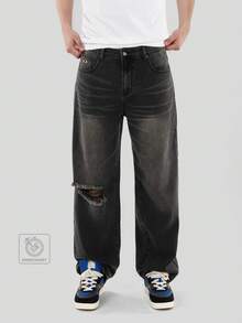 FORM&CHAOS Men's Vintage Streetwear Distressed Pocket Button Loose Fit Denim Jeans Holiday Black Summer - Black - View 1