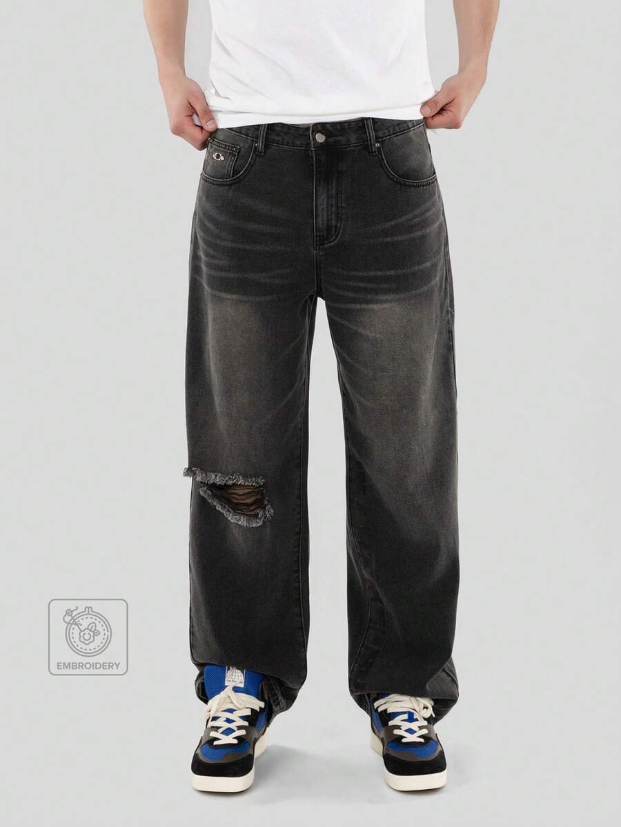 FORM&CHAOS Men's Vintage Streetwear Distressed Pocket Button Loose Fit Denim Jeans Holiday Black Summer - Black - View 1