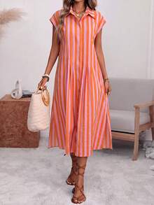 Louniche Loose Fit Collared Button-Front Striped Pleated Short Sleeve Midi Shirt Dress, Pink And Orange Base With Stripes, Elegant Tropical Beach Holiday - Multicolor - View 5