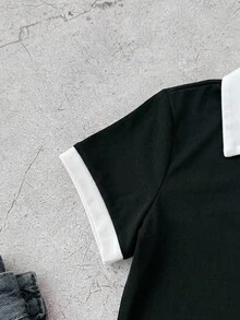 SHEIN 少女黑白休闲个性化撞色领罗纹针织纽扣修身连衣裙，夏季连衣裙，蝴蝶刺绣 - 黑與白 - 查看 4