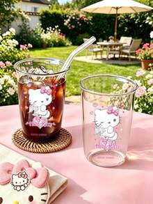 HELLO KITTY AND FRIENDS | SHEIN 1個 Hello Kitty 透明玻璃杯，可愛天使與粉紅愛心印花高硼矽玻璃杯，耐熱可愛飲水杯，適合咖啡、水、果汁，適用於居家、辦公室及女孩禮物 - 彩色 - 查看 6